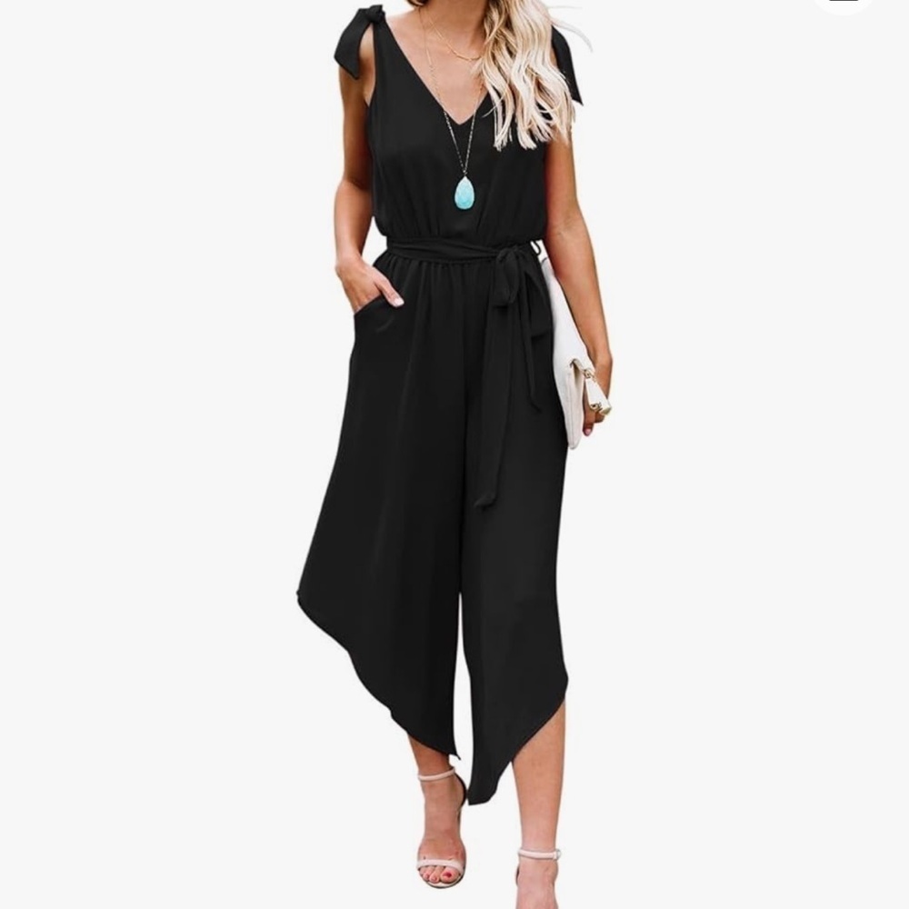 BELONGSCI Sleeveless Shoulder V-Neck Long Romper Jumpsuit with Belt